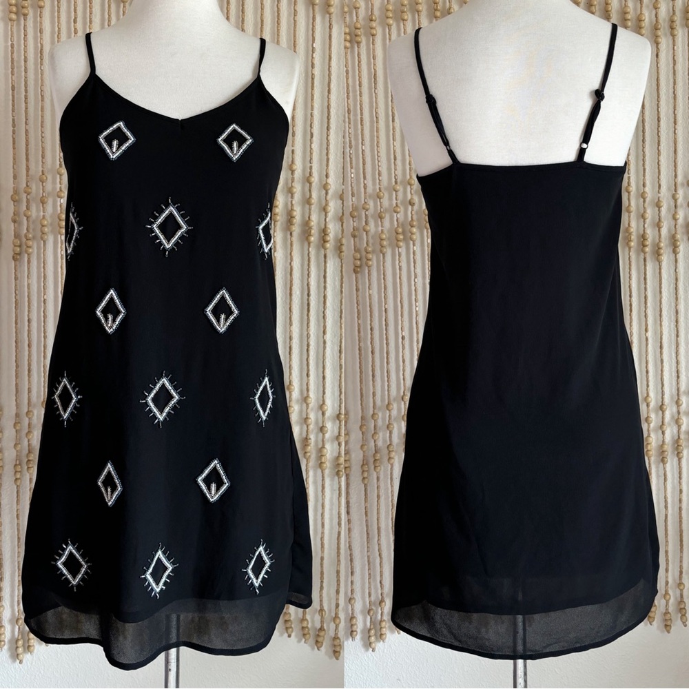 Black Geometric Beaded Embellished Boho Layering Indie Sleeveless Tank Dress